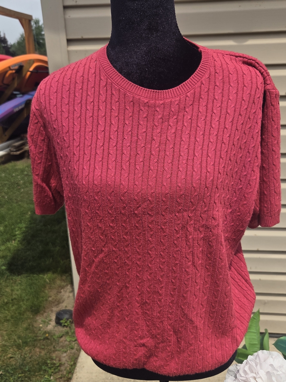 Alfred Dunner Size L Classic Cable Knit Short Sleeve Sweater - Raspberry Pink